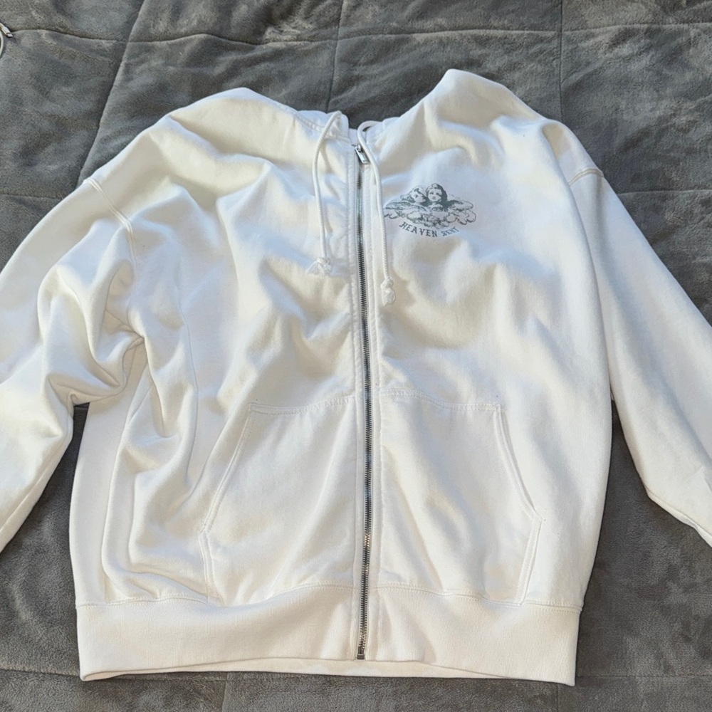 Brandy Melville White Oversized Zip-Up Hoodie